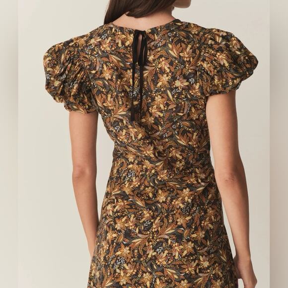 Doen Rhodia Cotton Crew Neck Short Puff Sleeve Maxi Dress Noir Narcissus Floral - Picture 4 of 13